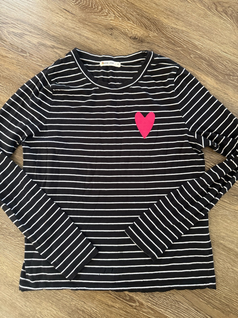 Marine Layer Black & White Stripe Long-Sleeve Top with Pink Heart